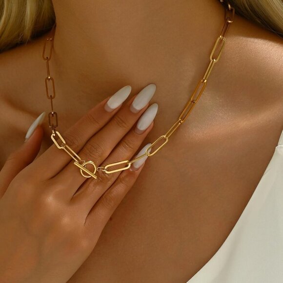 Chunky Toggle Necklace for Women 18K Gold Plated Vintage Paperclip Figaro Link C - Picture 2 of 7